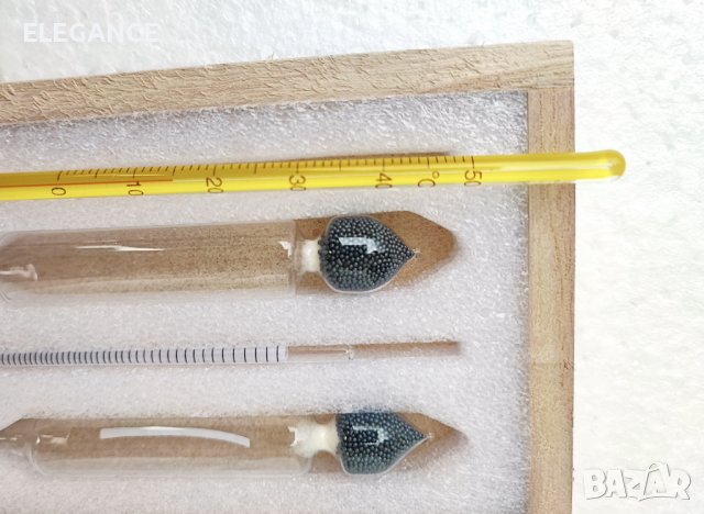 Прецизен спиртомер в дървена кутия, мензура, термометър и таблица, снимка 4 - Други - 38727350