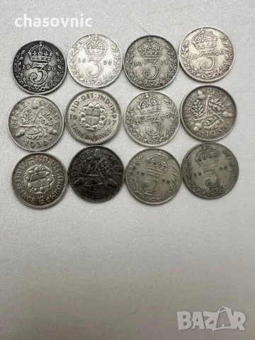 🪙 Лот 12 броя СРЕБЪРНИ монети 3 Пенса Великобритания (1920-1939) - 40€