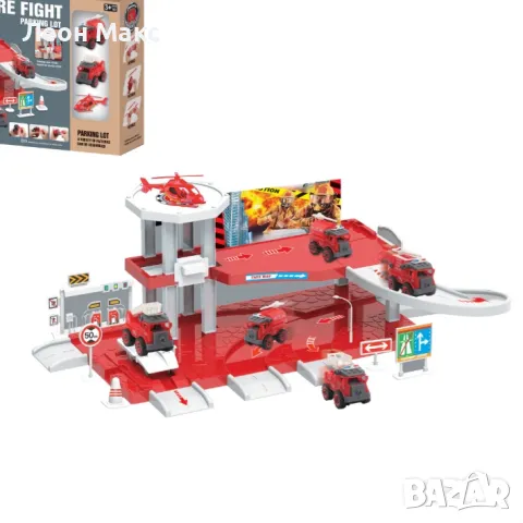 Паркинг Пожарна на два етажа с 2 коли и хеликоптер , снимка 2 - Коли, камиони, мотори, писти - 48410456