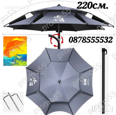 Плажен чадър с чупещо рамо, УВ защита, тризъбец, 220см., снимка 10 - Къмпинг мебели - 50585712