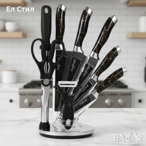 Комплект уреди за рязане–9 части с мраморно покритие, стойка, точило и белачка, снимка 5 - Прибори за хранене, готвене и сервиране - 53565458