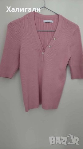 Плетена блуза с къс ръкав в розово, размер Л, снимка 2 - Корсети, бюстиета, топове - 51807057