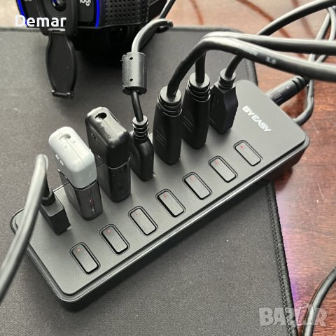 Захранващ USB хъб BYEASY 13-портов за данни 10 USB 3.0 бързо зареждане, снимка 9 - Мрежови адаптери - 41766387