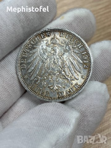 3 марки 1912, Прусия / Германия - сребърна монета No2, снимка 3 - Нумизматика и бонистика - 44142628