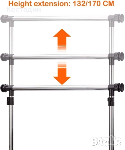 Сгъваема стойка за дрехи от неръждаема стомана, еднополюсна с колелца за дома, снимка 3 - Други стоки за дома - 52369771