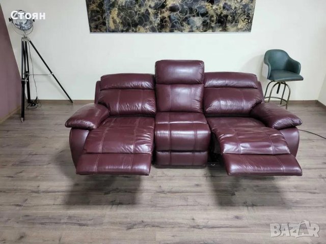 Кожен диван тройка цвят бордо с електрически релаксиращ механизъм, снимка 4 - Дивани и мека мебел - 42486554