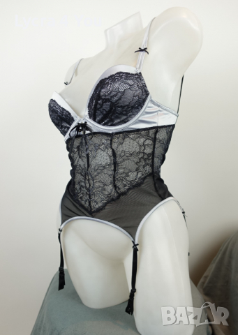 75B еротичен корсет от сив сатен и черна дантела с тюл, снимка 4 - Бельо - 36157956
