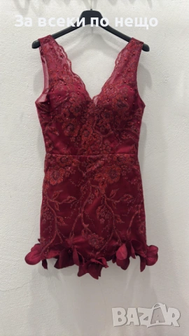 Дамска Официална Елегантна Къса Червена Рокля С Дантела И Апликации Код Roni7, снимка 2 - Рокли - 53806628