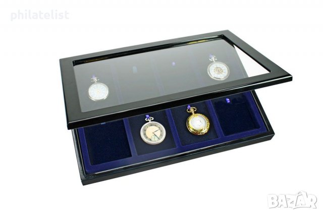 Луксозна дървена кутия витрина SAFE с прозрачна част и черен цвят на кутията за 8 джобни часовници, снимка 2 - Антикварни и старинни предмети - 39700310
