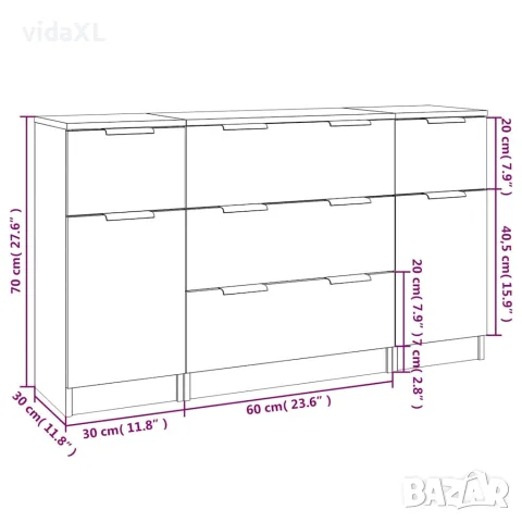 vidaXL Бюфет от 3 части, бетонно сиво, инженерно дърво, снимка 7 - Бюфети - 56146636