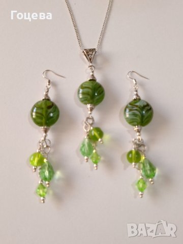 Разкошен комплект бижута обеци и колие с ръчно изработени стъклени Мурано мъниста в зелено, снимка 5 - Бижутерийни комплекти - 41601038