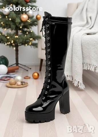 Ботуши на ток - черен лак с черно ходило - 593