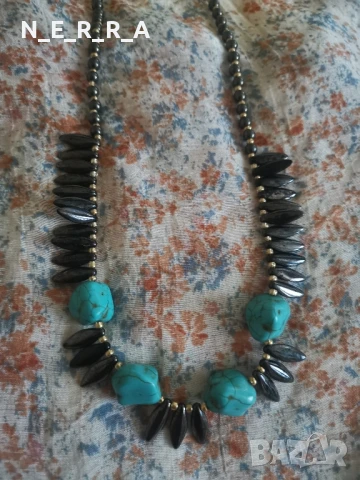Гердан от естествен тюркоаз и хематит, снимка 2 - Колиета, медальони, синджири - 50584310