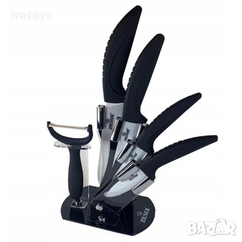 Комплект ножове с поставка Zilner ZL 5124, 6 части, Белачка, Керамично покритие, Черен, снимка 1