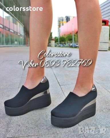 Обувки на платформа - черен неопрен и лак - 615L 