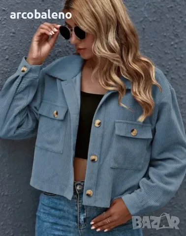 Дамско едноцветно яке от рипсено кадифе с яка и предни джобове, 8цвята, снимка 5 - Якета - 39113994