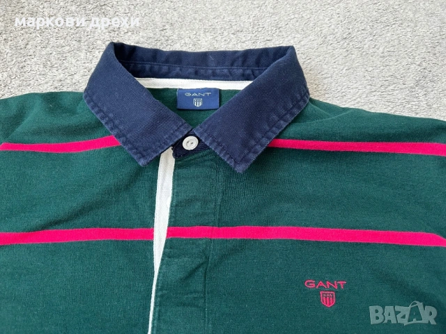 GANT fine knit lambswool striped rugby polo in green L, снимка 4 - Тениски - 53111826