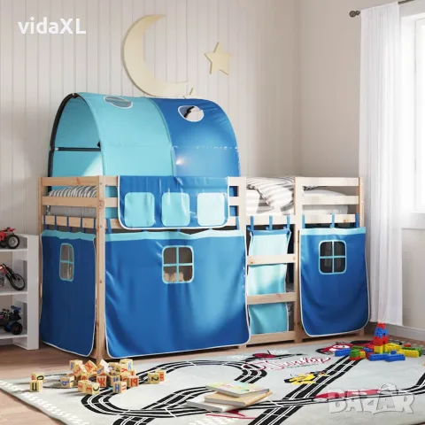 vidaXL Двуетажно легло със завеси синьо 90x200 см масивно борово дърво, снимка 2 - Спални и легла - 56146963
