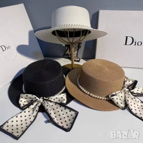 Елегнтна дамска сламена шапка в стилен дизайн с перли и панделка на точки👒🤩, снимка 3 - Шапки - 44429353