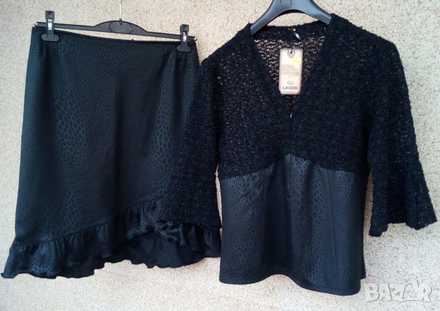  Дамски черен комплект в две части от плат имитация на кожа., снимка 1