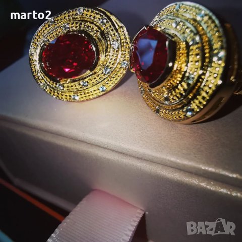 Елегантни Сребърни 925 Обеци с 14 карата позлата и Лабораторни Рубини и Циркони!, снимка 7 - Обеци - 41291656