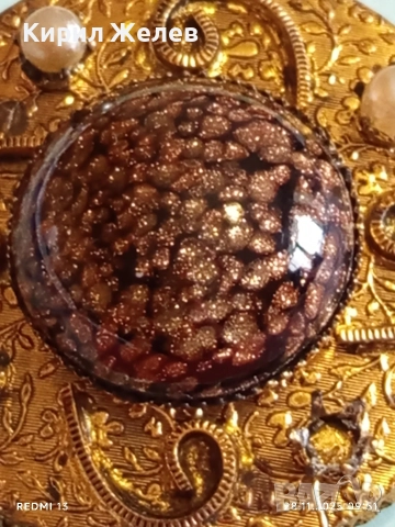 Винтидж брошка с централен СЛЪНЧЕВ камък АВАНТЮРИН и перлени акценти 26093, снимка 5 - Други - 52569958