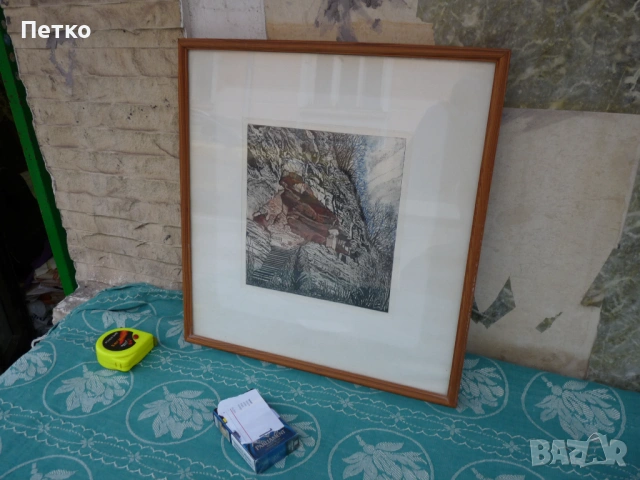 Стара картина Аладжа манастир Варна 40 / 37 см, снимка 3 - Антикварни и старинни предмети - 53635025