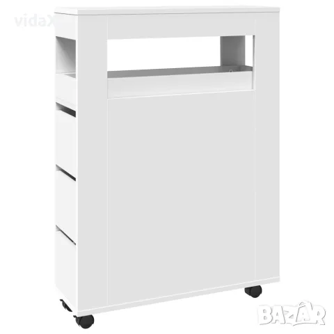 vidaXL Тесен шкаф за баня с колелца, бял, инженерно дърво