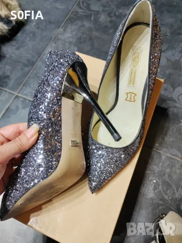 Buffalo 39 сребърен ток блестящи частици, снимка 3 - Дамски обувки на ток - 48169333