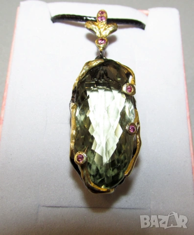 925 сребърно  колие със зелен аметист празиолит 40 карата, снимка 2 - Колиета, медальони, синджири - 53811601