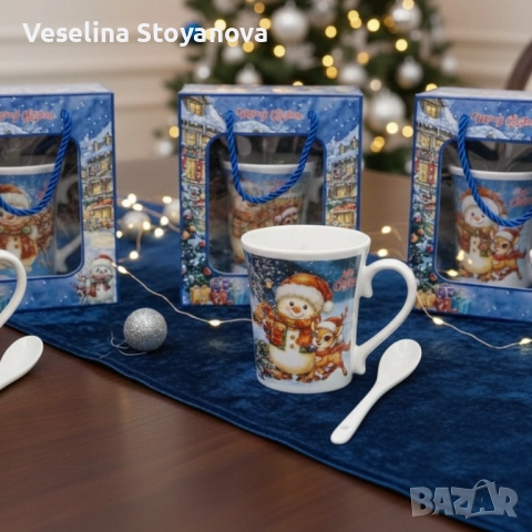 Празничен комплект за топли напитки – Керамична чаша и лъжичка в коледна опаковка, снимка 6 - Чаши - 52638923