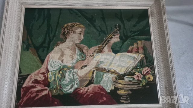 гоблен с класическа сцена – жена с лютня и книга, снимка 5 - Гоблени - 50894929