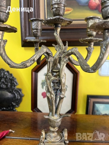Масивен брознов или месингов свещник (канделабър) с пет гнезда  за свещи  Ар Нуво с богати орнаменти, снимка 7 - Други - 53490215