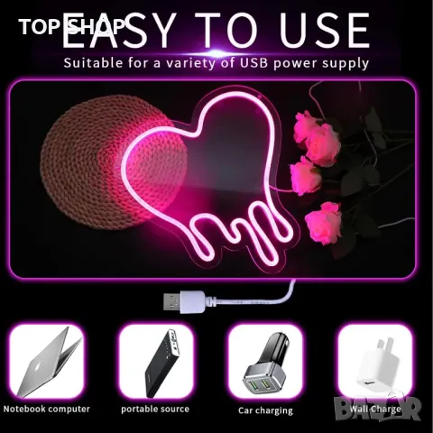 Неонов знак със сърце, розов LED знак със сърце, USB, димируем, с 12 цветни маркера, снимка 6 - Декорация за дома - 49522734