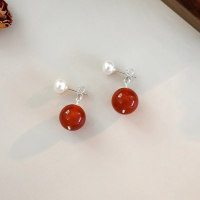 Сребърни обеци с червен ахат и перли , снимка 3 - Обеци - 44648887