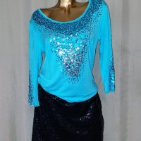 L К-т Светло синя блуза с пайети и черна пола с пайети , снимка 1 - Поли - 44172849
