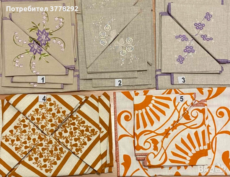 Ленени Комплекти с по 6бр.салфетки,цвят натурален-1, 2, 3-по 45лв;4 и 5-по 25 лв.Снимка 6 - панами, снимка 1