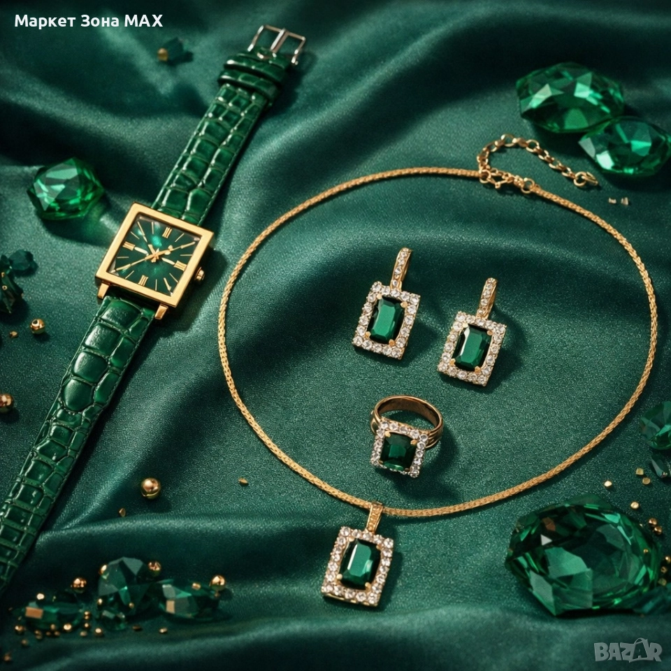 Елегантен Дамски комплект часовник и бижута с зелени кристали и златист корпус, снимка 1