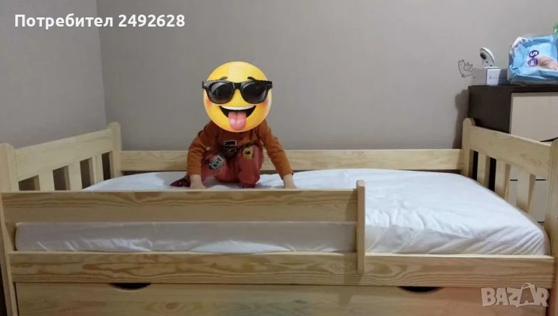 Детско легло с преграда и чекмедже масив + Латексов Матрак, снимка 1