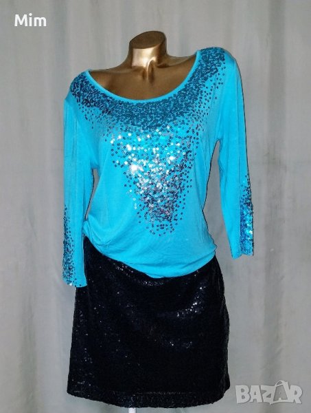 L К-т Светло синя блуза с пайети и черна пола с пайети , снимка 1