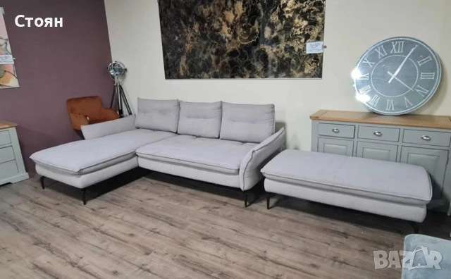 Сив ъглов диван от плат и табуретка "Alexis", снимка 11 - Дивани и мека мебел - 51966539