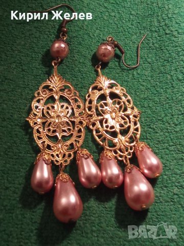 РОЗОВИ ПЕРЛИ ВИНТИДЖ АРТ ДЕКО ФИЛИГРАННИ БРОНЗ ПОЗЛАТЕНИ ОБЕЦИ 18797