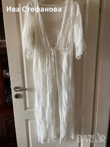 Нова ефирна плажна бяла памучна памук дантелена наметка плажна дълга риза кафтан плажна дълга рокля, снимка 6 - Туники - 41610284