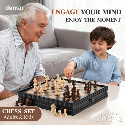 Дървен шахматен комплект магнитен – 2 в 1 шахматна дъска 32 см, 34 фигури Staunton, снимка 7 - Шах и табла - 53827022