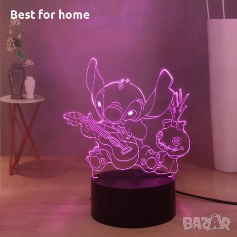 Стич 3D нощна лампа, аниме Stitch, USB,с дистанционно управление,16 цвята, 2 бр. 3Д представки, снимка 4 - Настолни лампи - 40248413