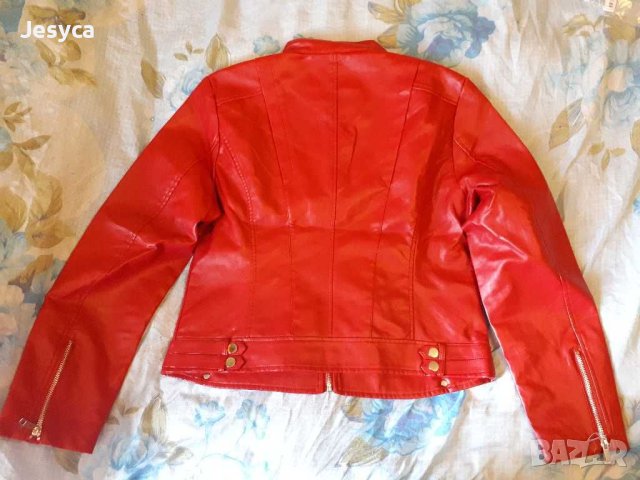 Червено дамско кожено яке, снимка 4 - Якета - 41082047