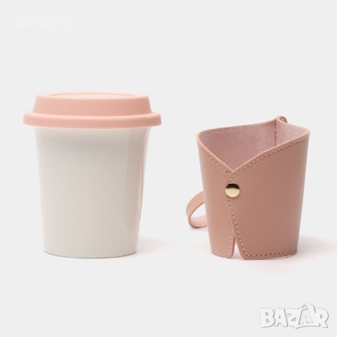 4085 Чаша в кожен калъф с дръжка и силиконов капак, снимка 4 - Чаши - 42290821