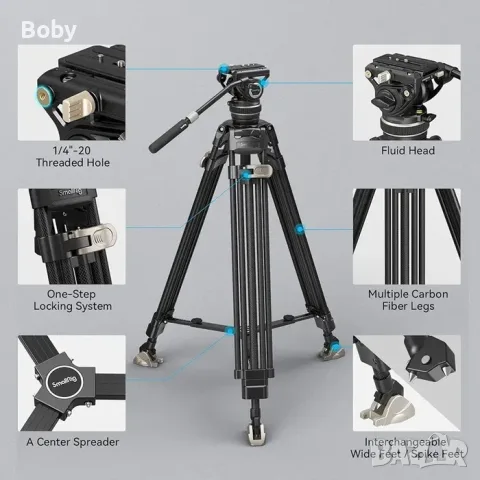 Професионален карбонов видео статив Smallrig FreeBlazer Heavy-Duty Carbon Tripod Kit AD-100, снимка 7 - Чанти, стативи, аксесоари - 55815026