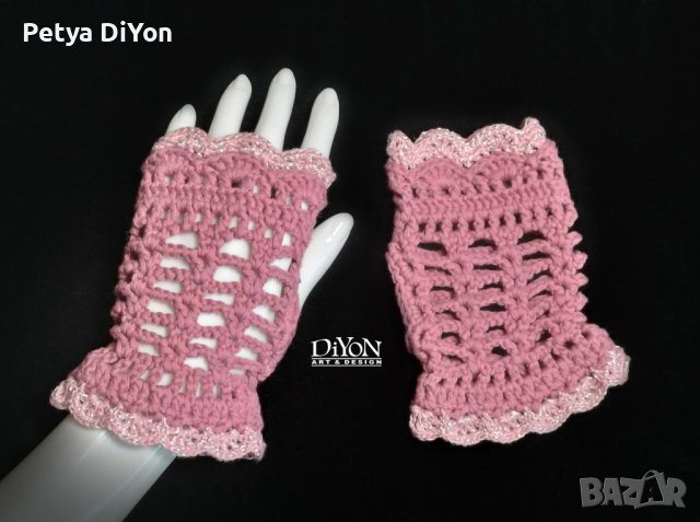 Ръчно плетени ажурни ръкавици без пръсти в розово