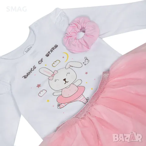 Бебешки комплект с памучна бяла блуза със зайче, розова туту пола и конци - 3 бр. S_1218774, снимка 2 - Комплекти за бебе - 49548013